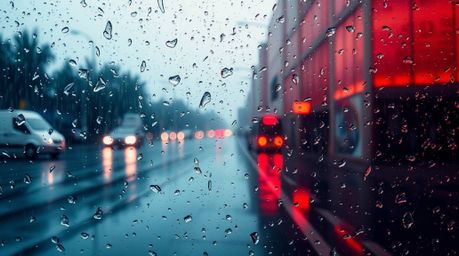 This abstract poster design features a captivating wet, rainy scene with reflective surfaces and a drizzling rain effect.  Th