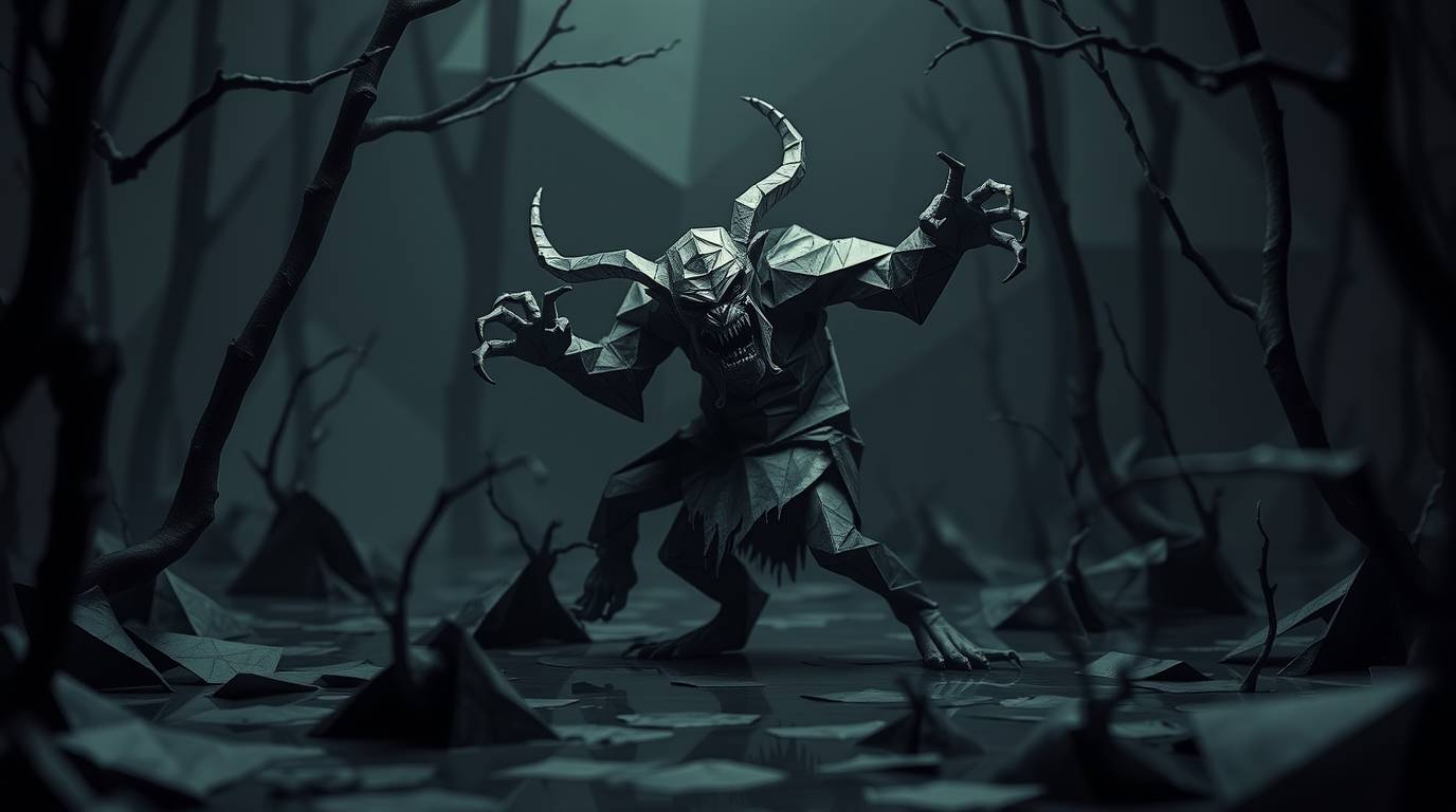 An eerie, creepy atmosphere is evoked by an intricately folded paper ogre dancing in a swamp.  The artwork features a strikin