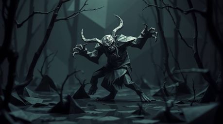 An eerie, creepy atmosphere is evoked by an intricately folded paper ogre dancing in a swamp.  The artwork features a strikin