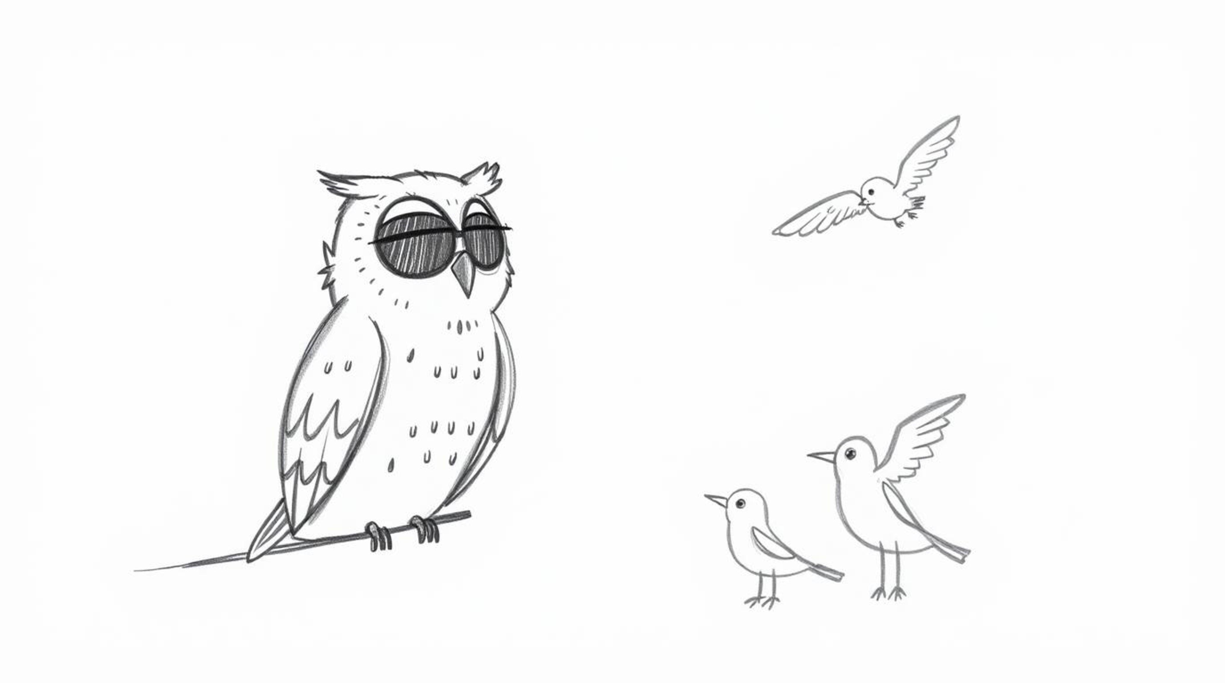 A heart-warming Pixar-style hand-drawn sketch depicts a blind owl with endearingly simplified features, patiently guiding bir