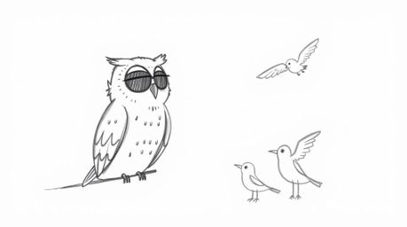 A heart-warming Pixar-style hand-drawn sketch depicts a blind owl with endearingly simplified features, patiently guiding bir