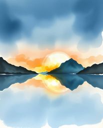 A delicate watercolor painting captures an adorable and charming sunset reflection in a glassy fjord. The artwork features tr