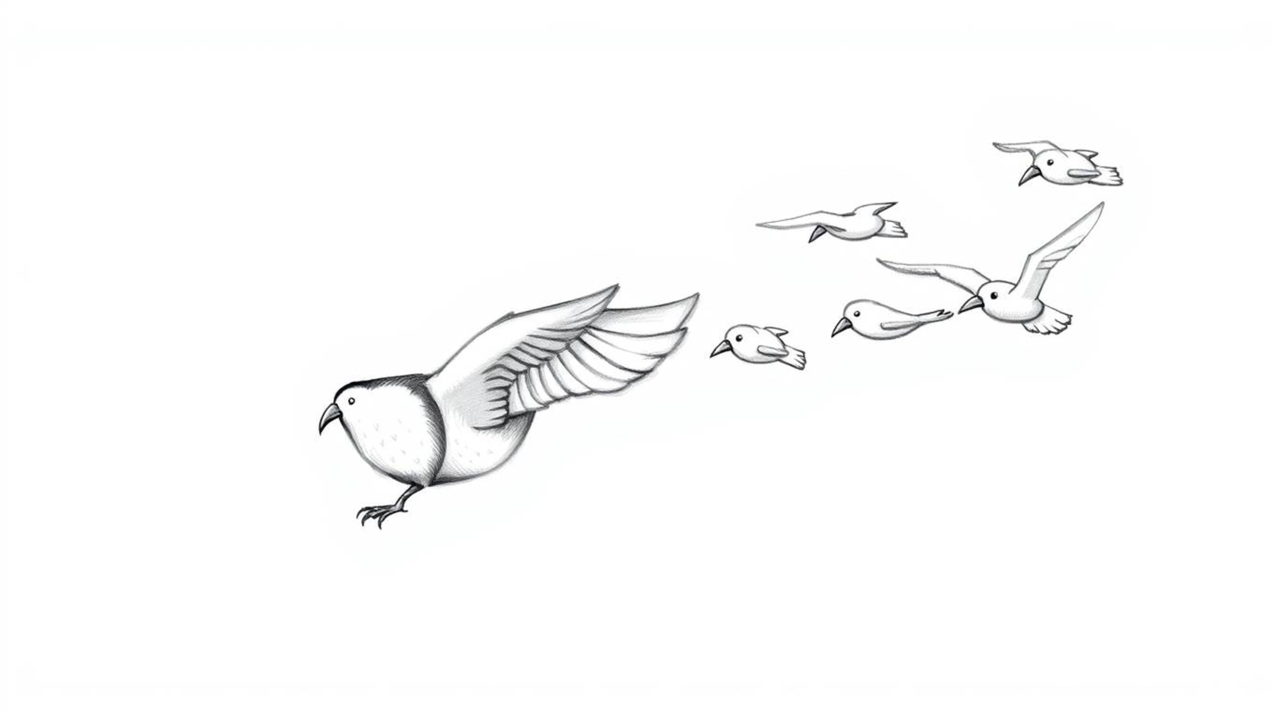 A Pixar-esque hand-drawn sketch depicts a blind owl, its facial features radiating wisdom and patience, leading a flock of bi