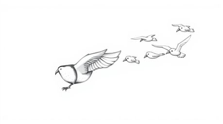 A Pixar-esque hand-drawn sketch depicts a blind owl, its facial features radiating wisdom and patience, leading a flock of bi