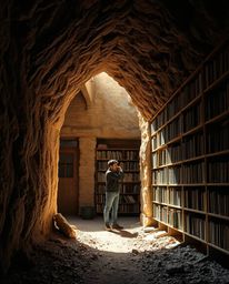 This photograph captures the moment of discovery, depicting a person stumbling upon a hidden underground library bathed in st
