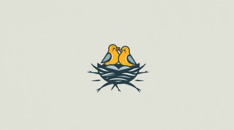 A unique logo design featuring two cartoon birds building a nest, inspired by a thick foggy landscape. The design incorporat