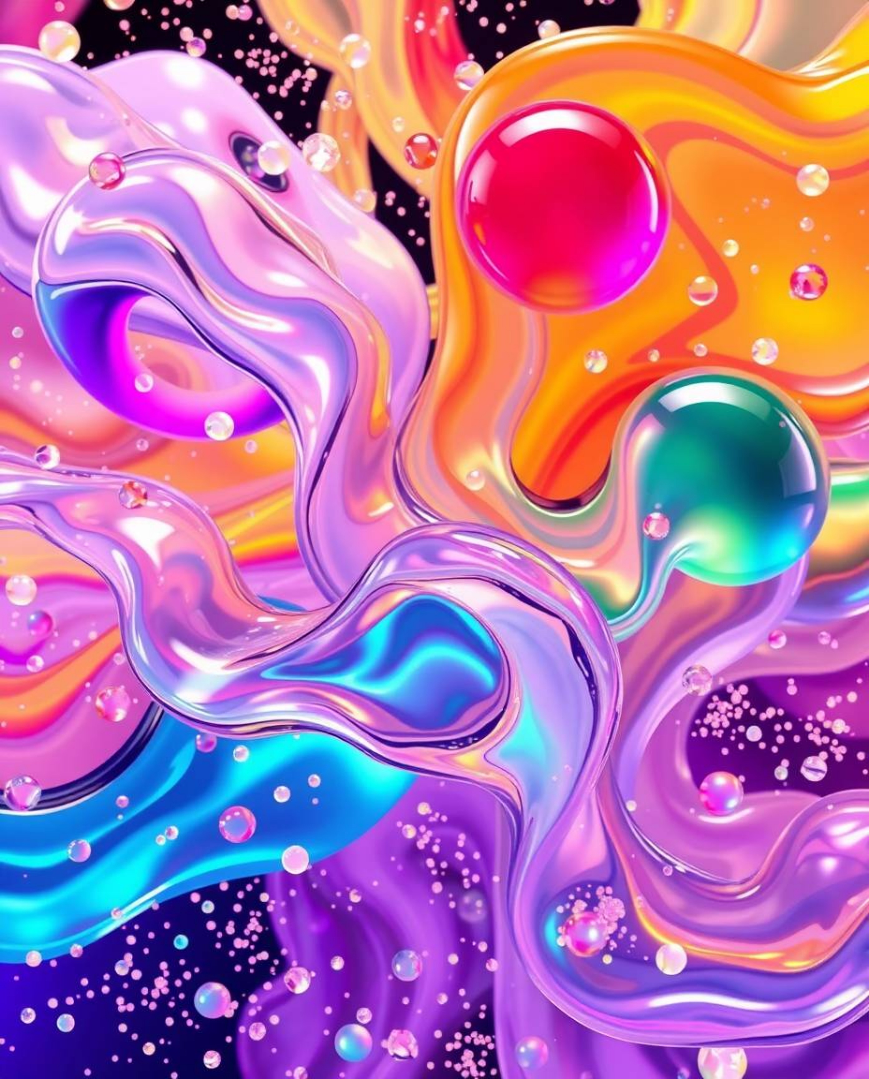 Captivating visuals featuring glassy fluid 3D shapes in constant motion, beautifully enhanced by a cloud of glowing particles