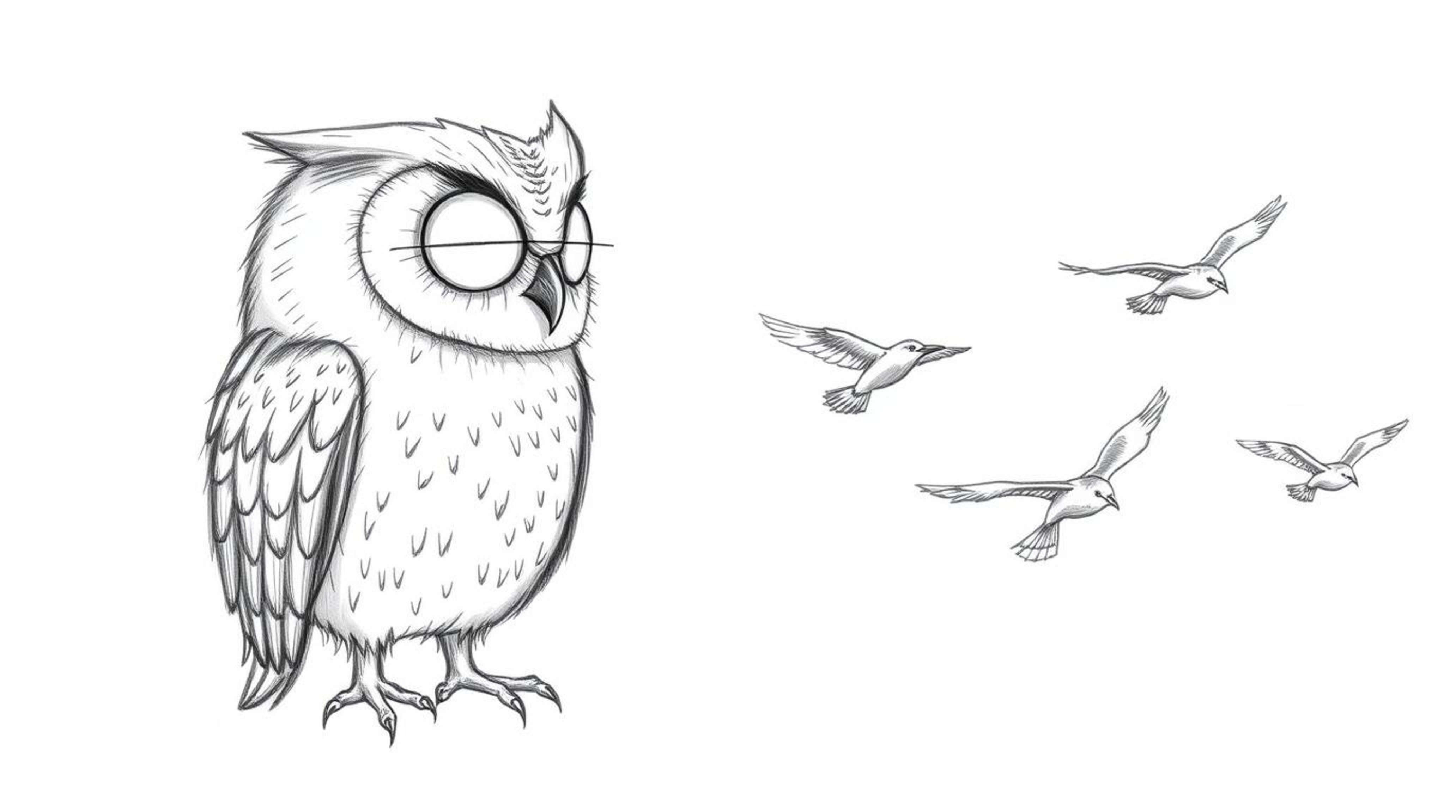 A hand-drawn sketch reminiscent of Pixar showcases a blind owl, rendered with soft, feathery textures, patiently guiding a fl
