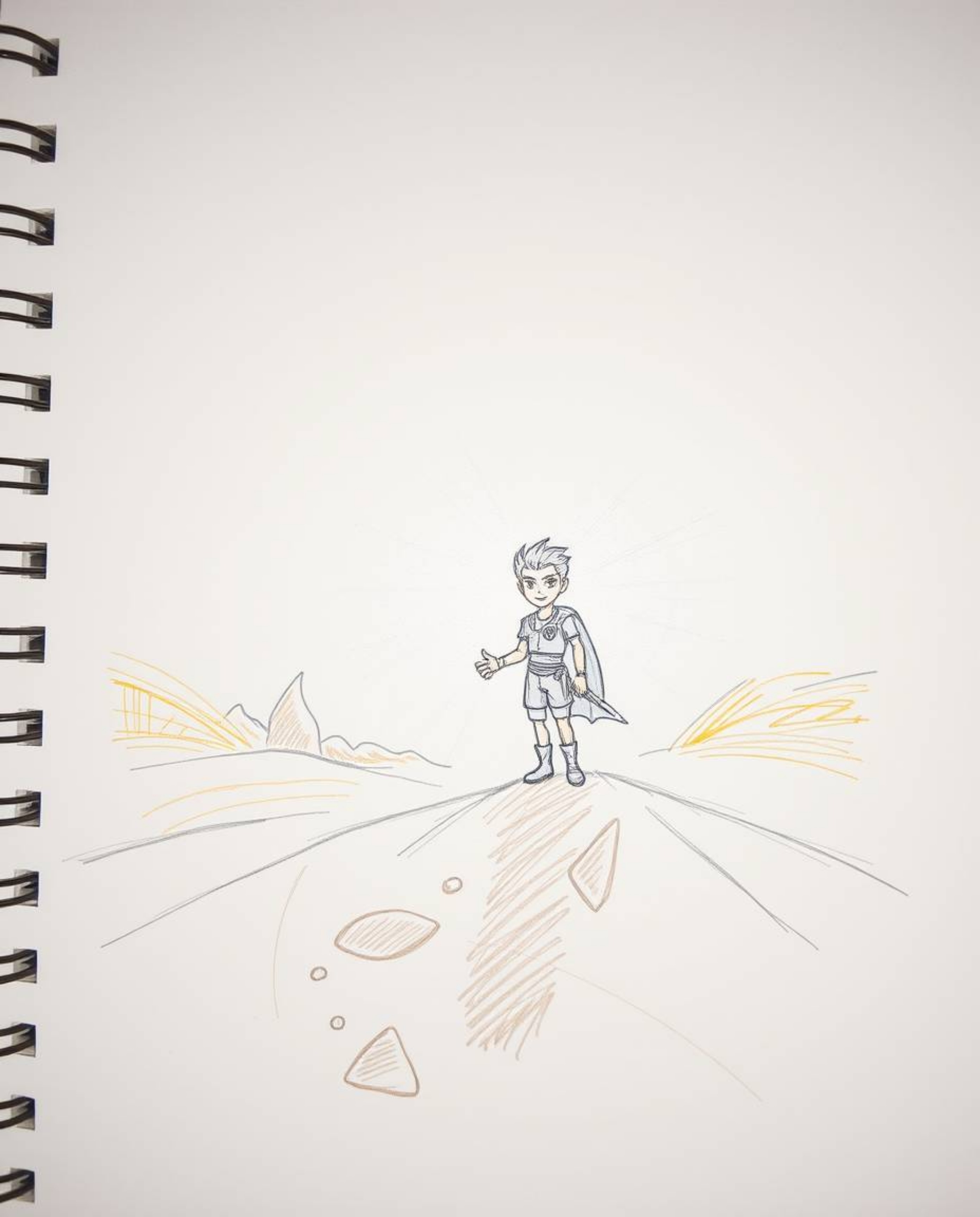 A captivating hand-drawn sketch presents a Disney-style hero embarking on a desert adventure, highlighted by creative and dyn