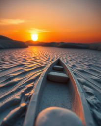 From a high-angle perspective, this image presents a unique depiction of a boat drifting on a lake at sunset as if it were sc