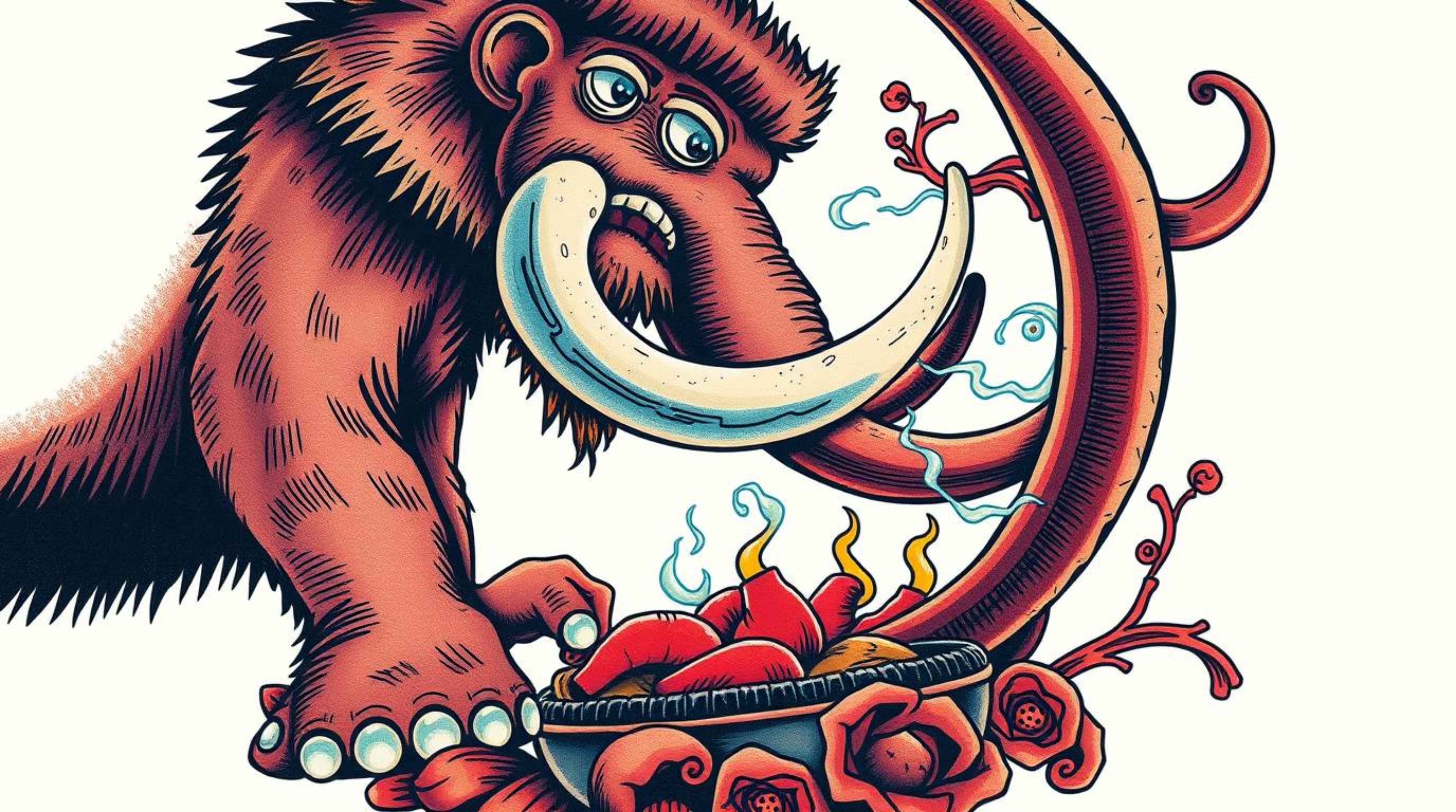 Explore a unique low-angle perspective art print featuring a caveman cooking mammoth meat, rendered in vibrant colors with a 