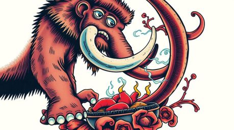 Explore a unique low-angle perspective art print featuring a caveman cooking mammoth meat, rendered in vibrant colors with a 