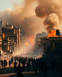 A city consumed by fire serves as a dramatic backdrop for fleeing citizens, where the intense sunlight creates a striking vis