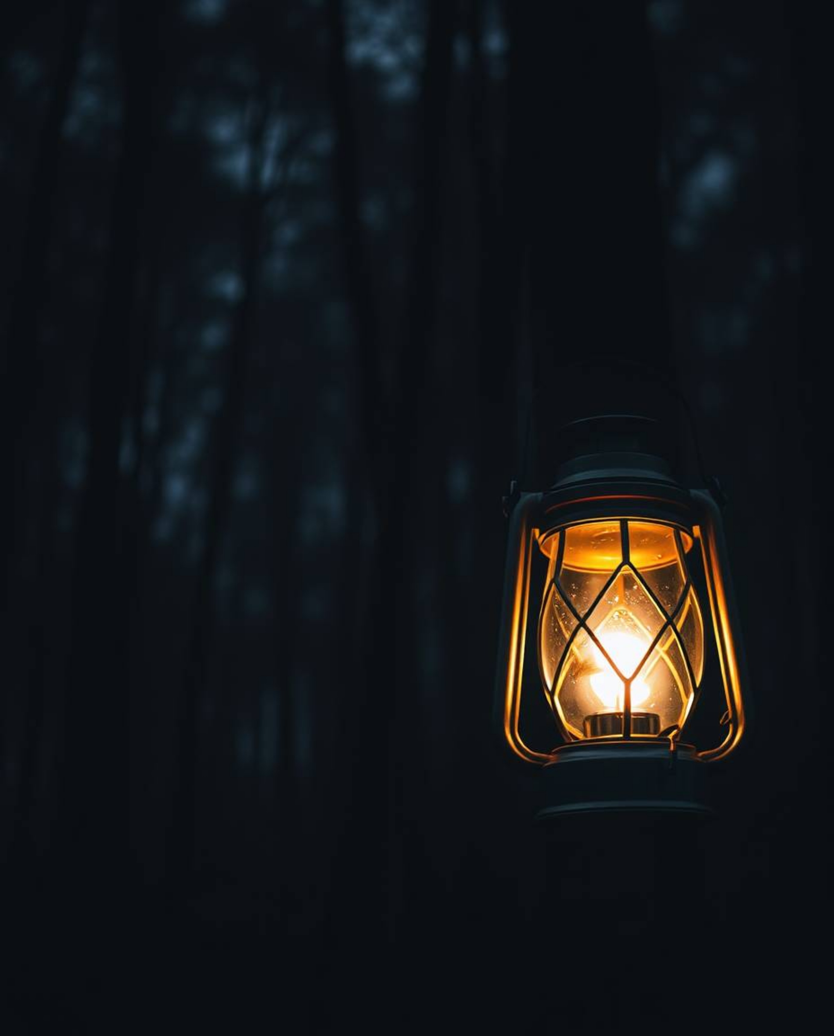 A captivating close-up captures a glowing lantern in a dark and mysterious forest.  The image features intense dramatic light