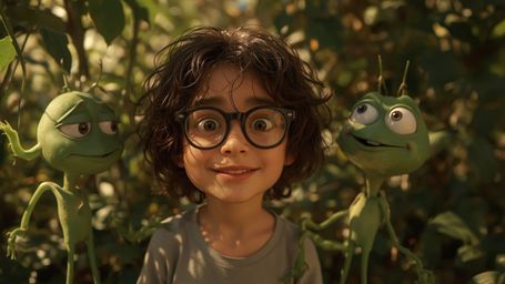 In a cinematic, warm-toned photograph with a whimsical, Pixar-inspired style, a bright-eyed young genius with curly hair and 