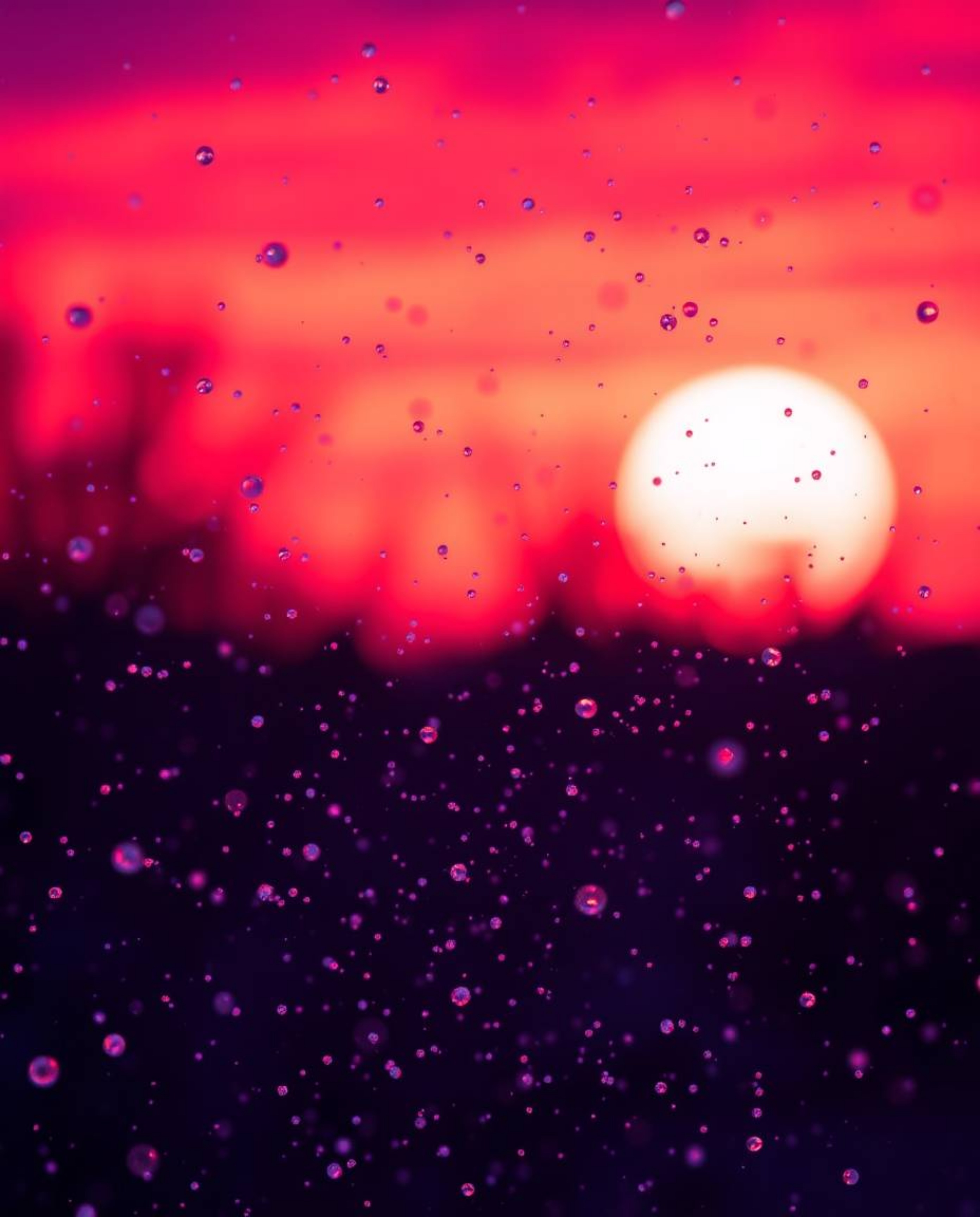 This 8k resolution image captures snowflakes falling during a vibrant sunset, characterized by strong, hard light and deep ul