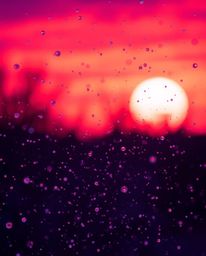 This 8k resolution image captures snowflakes falling during a vibrant sunset, characterized by strong, hard light and deep ul