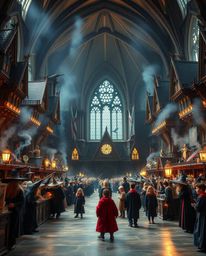 A high-resolution stock photo showcasing a grand, epic scene of a magical school brimming with young wizards.  The image feat