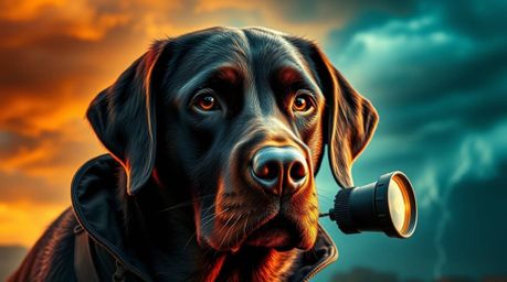 A serious Labrador Retriever detective with an intense gaze and dark brown fur uses high-tech gadgets to solve crimes amidst 