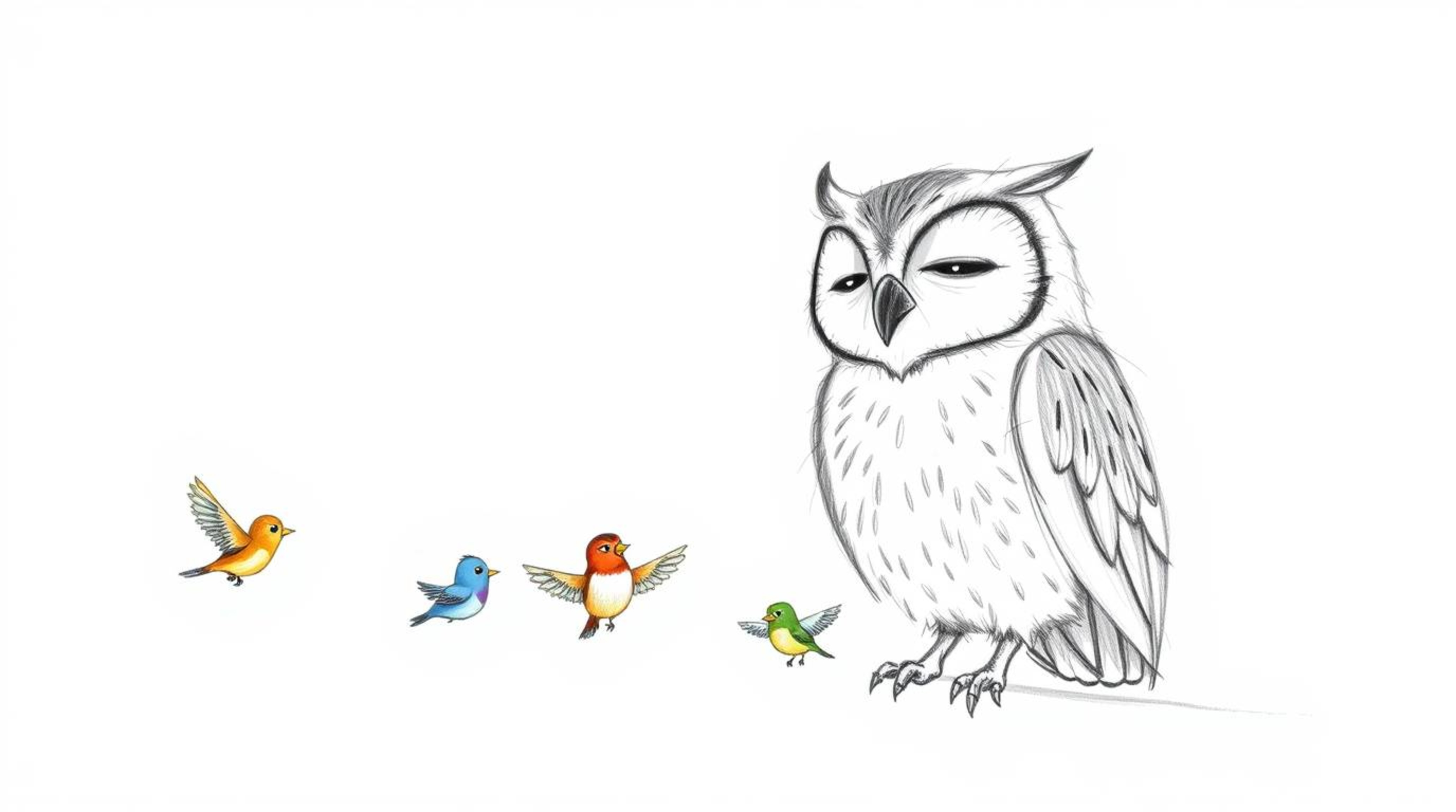 A heartwarming hand-drawn sketch in the style of Pixar depicts a wise, blind owl gently guiding a diverse class of small bird