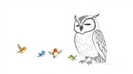 A heartwarming hand-drawn sketch in the style of Pixar depicts a wise, blind owl gently guiding a diverse class of small bird
