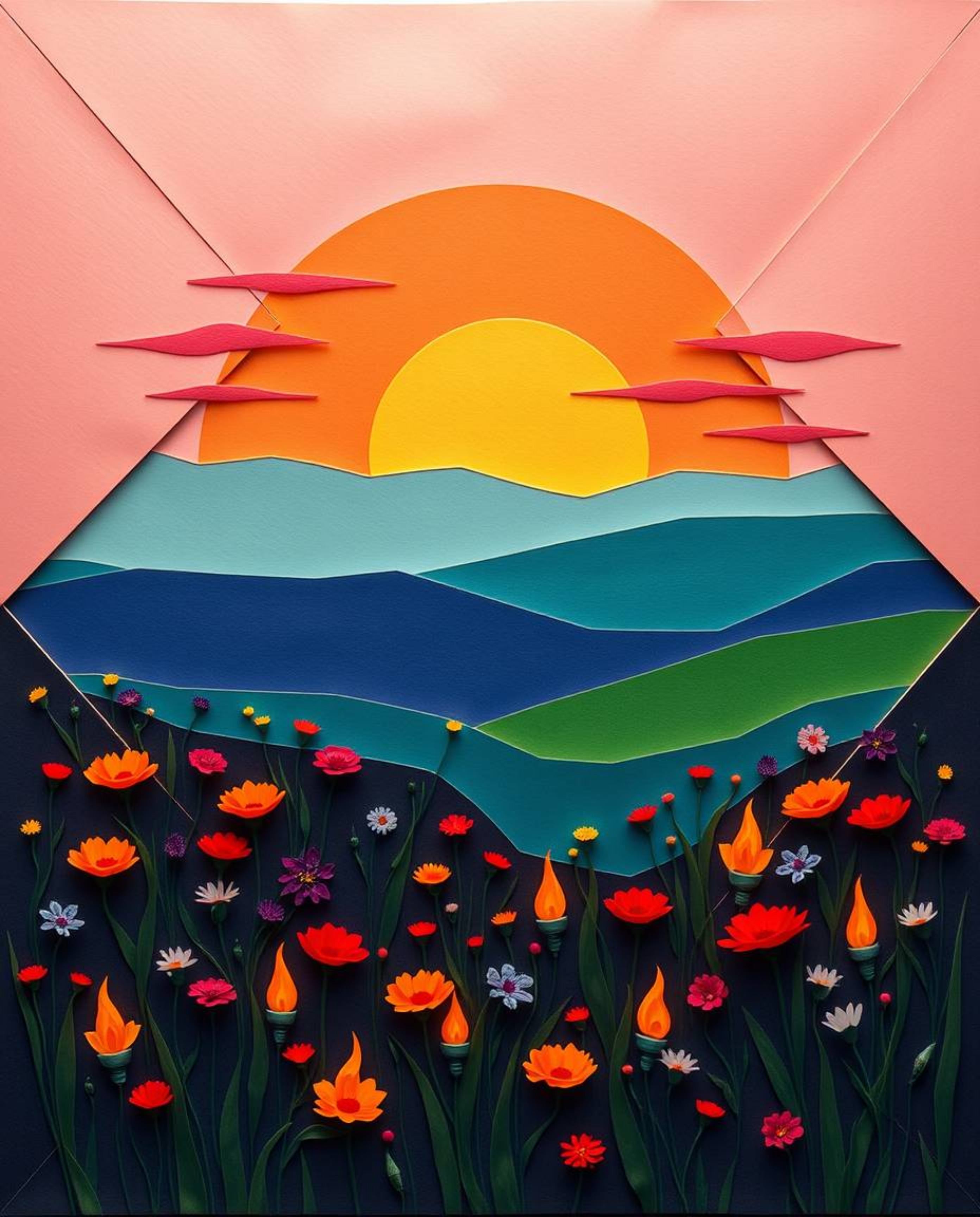 An intricate origami-style image depicting a sunset over a spring wildflower meadow. The artwork features a stunning palette