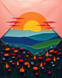 An intricate origami-style image depicting a sunset over a spring wildflower meadow. The artwork features a stunning palette 