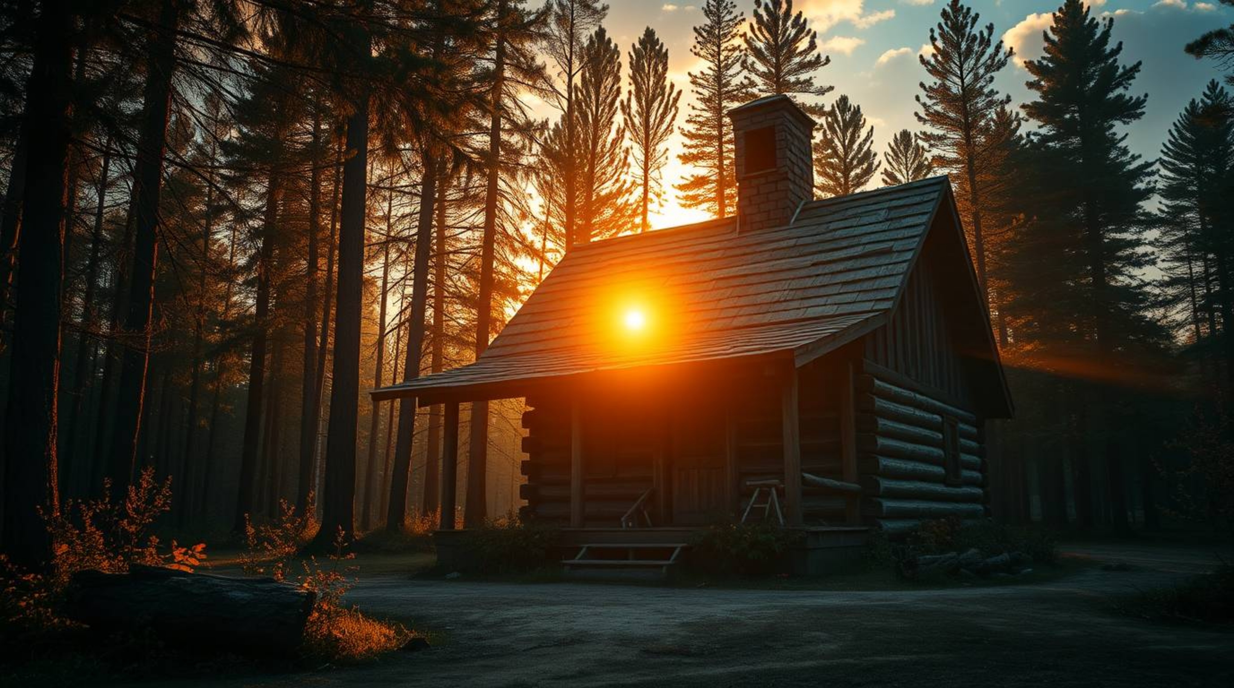 A captivating image depicts an old wooden cabin nestled deep within the woods at sunset.  The scene is rendered in a striking