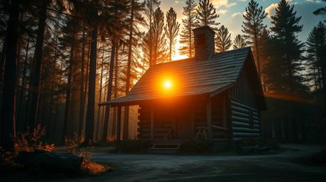 A captivating image depicts an old wooden cabin nestled deep within the woods at sunset.  The scene is rendered in a striking