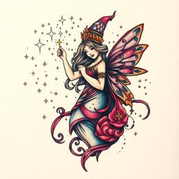This vibrant tattoo art print showcases a fairy godmother nestled within a swirl of sparkles.  Rendered in a retro style with