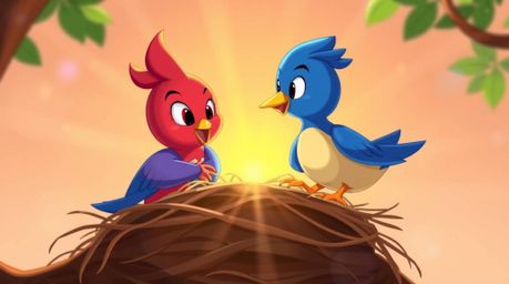 Delightful animation featuring two cartoon birds constructing a nest in a classic style. The scene is vibrant with complemen