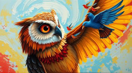 A vibrant acrylic painting in the style of Pixar depicts a bold and inspiring scene: a blind owl, with textured brushstrokes 
