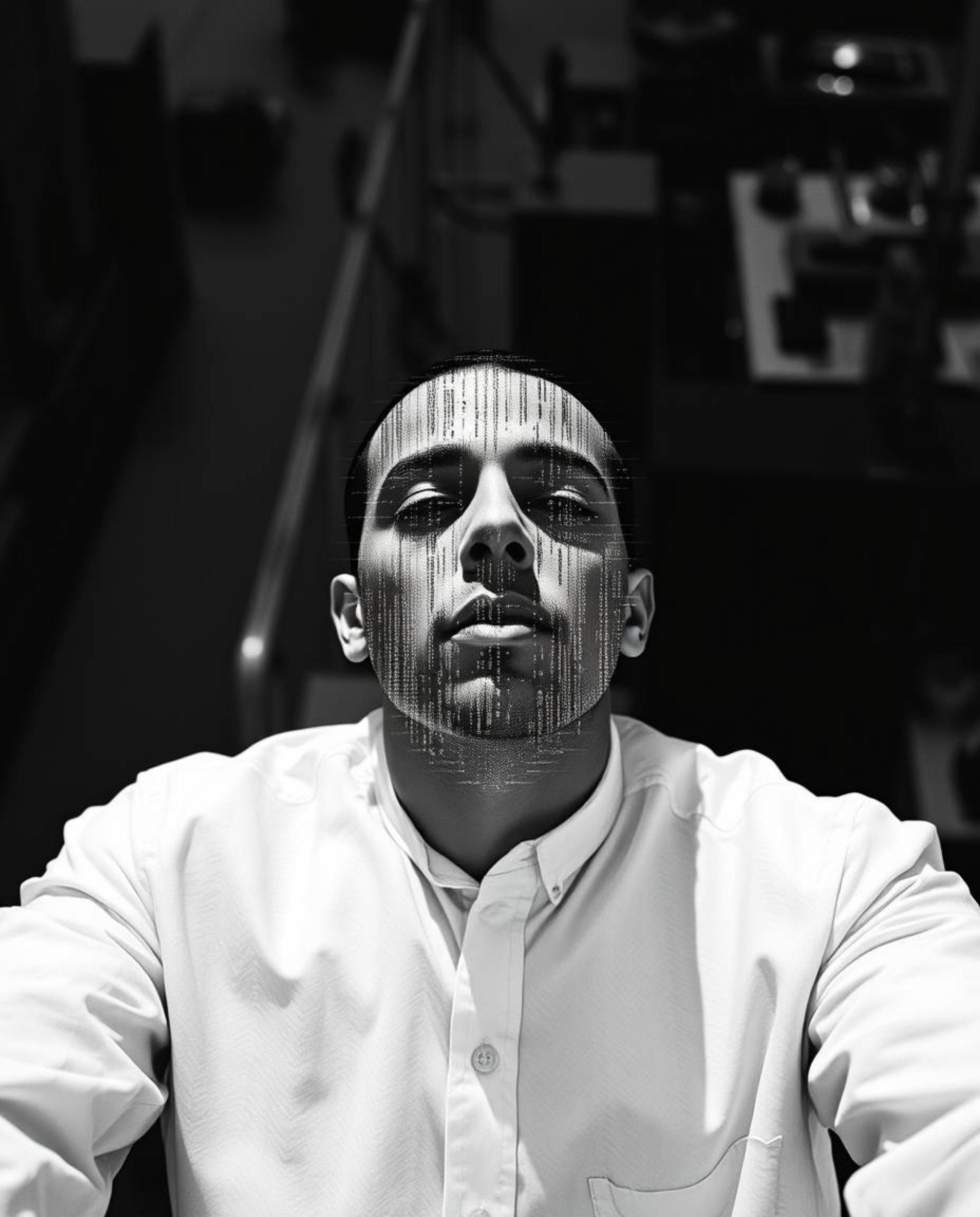 A captivating high-angle shot reveals a classic black and white image where a digital glitch artfully transforms a human face