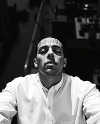 A captivating high-angle shot reveals a classic black and white image where a digital glitch artfully transforms a human face