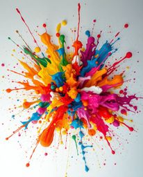 Experience a dreamlike world with this surreal image featuring a vibrant explosion of colorful paint splashes on a white canv