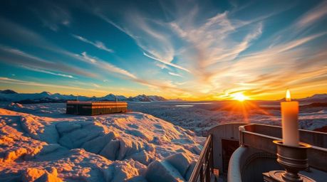 Stunning architectural color photography captures a vibrant sunset over icy glaciers in the polar region.  The image showcase