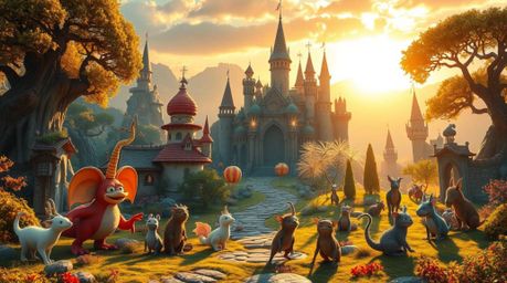 Explore a whimsical fantasy kingdom brimming with peculiar magical creatures, brought to life with a distinctive split compos