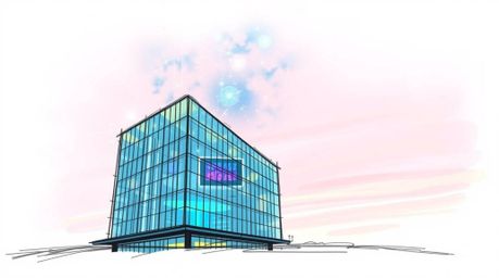 A captivating hand-drawn sketchnote depicts a modern glass building dissolving into a vibrant, bioluminescent sky.  Natural l