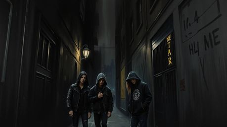 A captivating classic oil painting depicting a grungy city alleyway teeming with rebellious teens.  The artwork is characteri