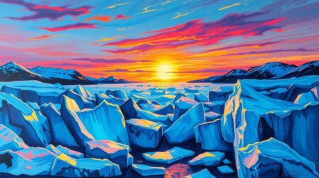 A captivating acrylic painting depicts a breathtaking sunset over icy glaciers in the polar region. The artwork features bold