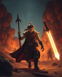 Embark on a thrilling desert adventure with a brave Disney-style hero. This epic scene is illuminated with dramatic lens glow