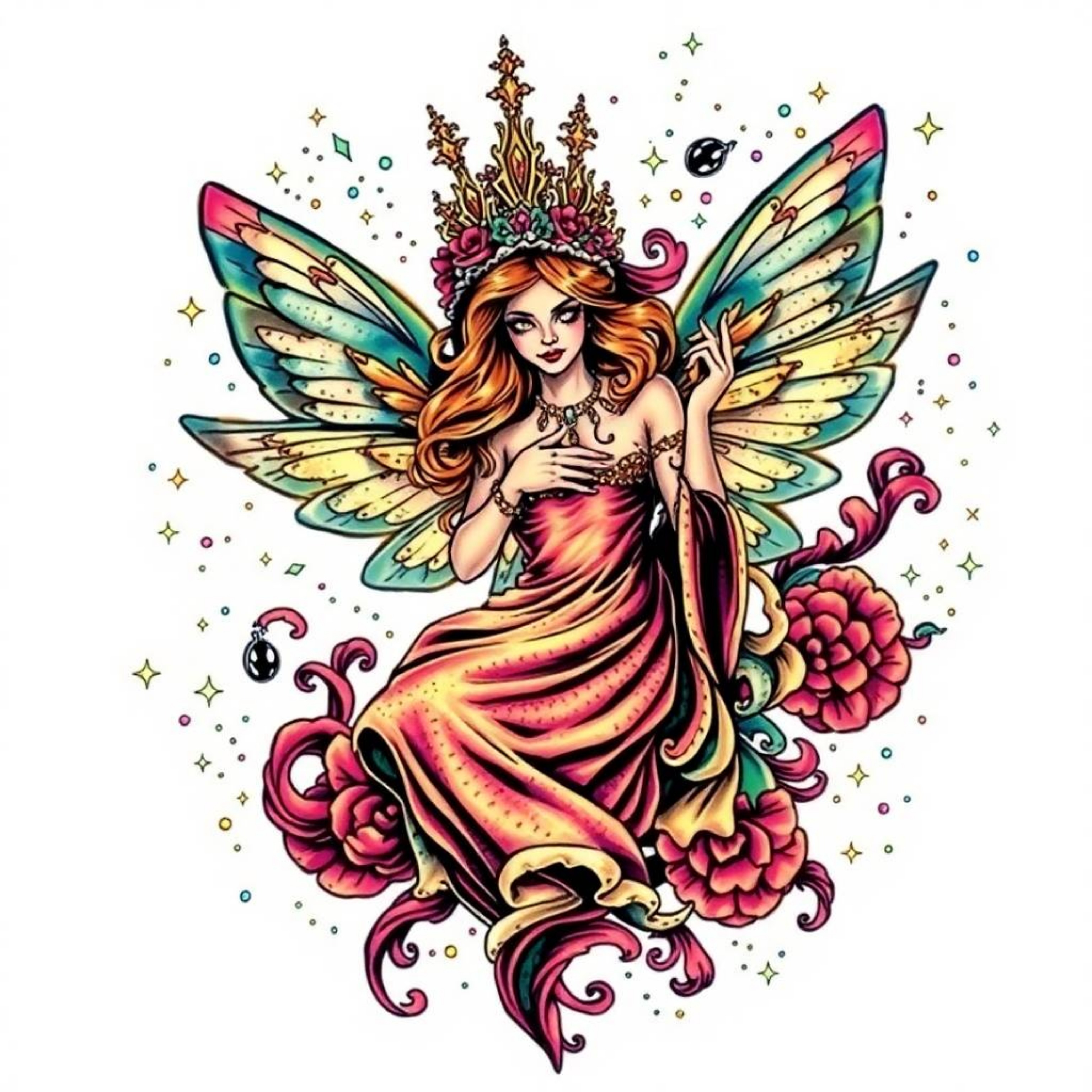A stunning traditional tattoo art print showcases a fairy godmother emerging from a swirl of sparkles.  The piece features st