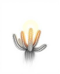 A hand-drawn sketch from an overhead bird's-eye view captures a desert cactus glowing in the last rays of the sun, enveloped 