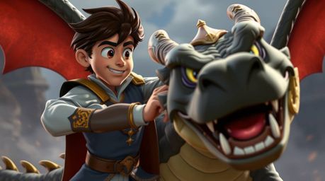 A captivating high-resolution stock photo depicts a charming prince heroically battling a dragon, rendered in a charming 1950