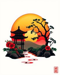 Discover a serene Zen garden at sunset, depicted as a traditional symbolic tattoo art print. This striking design features a 
