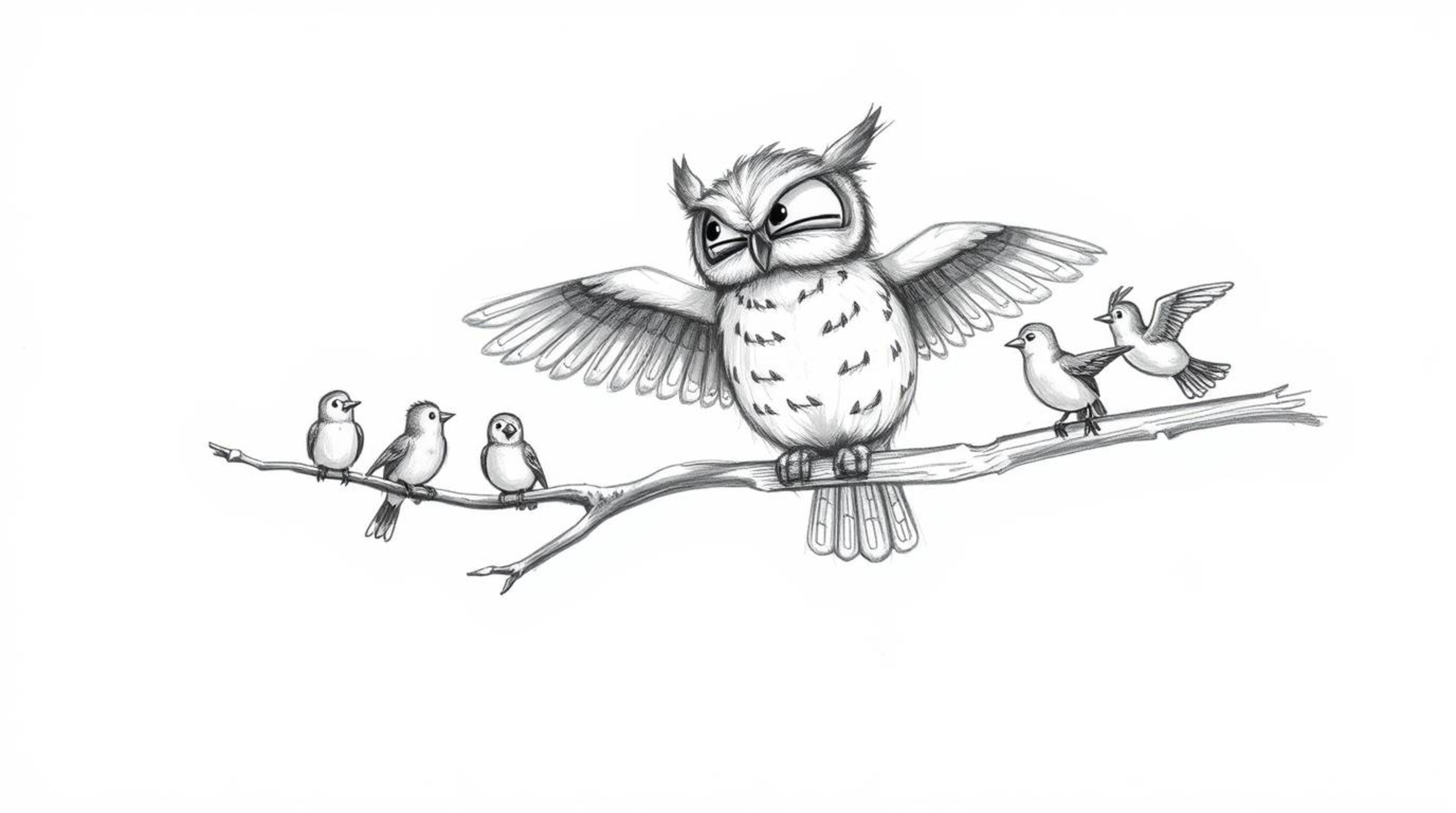 Experience a heartwarming scene in a hand-drawn sketch reminiscent of Pixar, featuring a blind owl with large, expressive fea