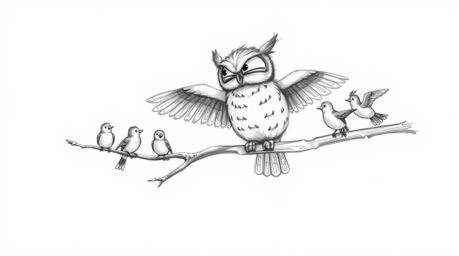 Experience a heartwarming scene in a hand-drawn sketch reminiscent of Pixar, featuring a blind owl with large, expressive fea