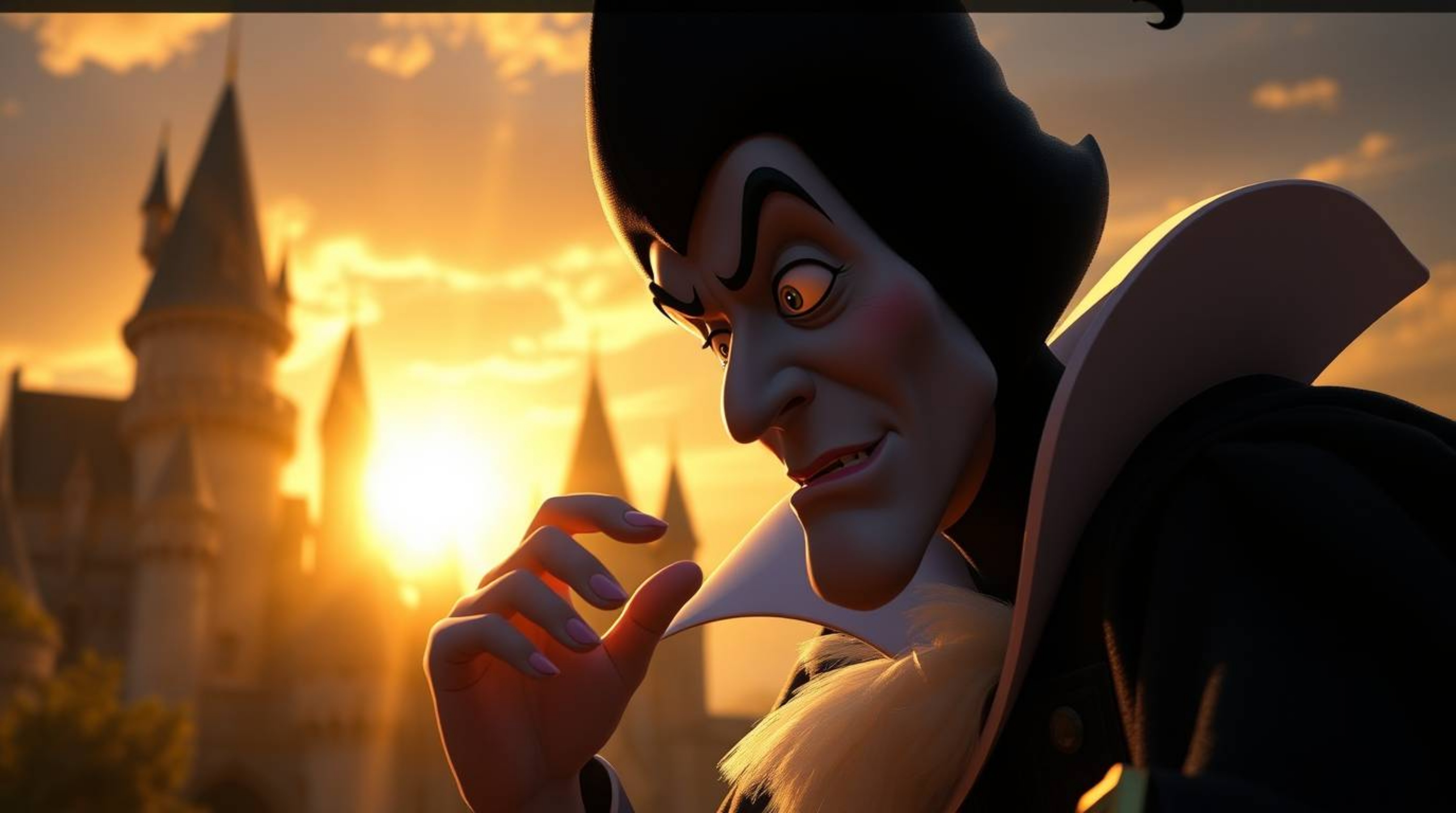 A classic Disney villain with defined facial features casts a captivating spell within the warm embrace of golden hour light,