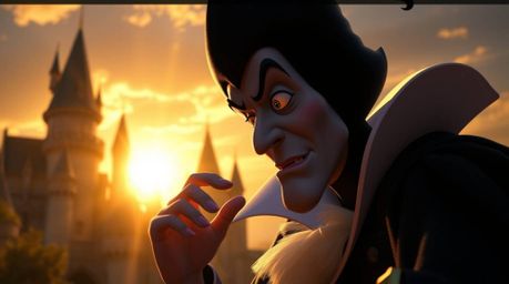A classic Disney villain with defined facial features casts a captivating spell within the warm embrace of golden hour light,