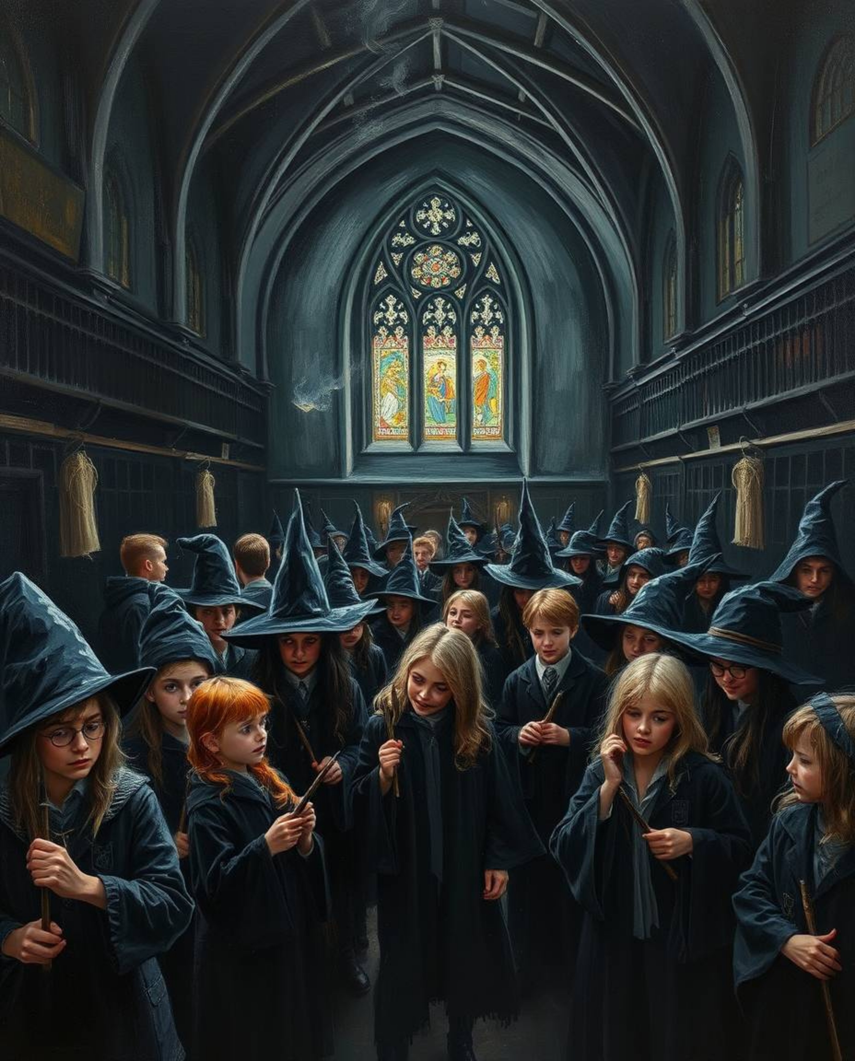 Explore a magical academy teeming with young wizards, brought to life in an intense jet-black oil painting style. The rich te